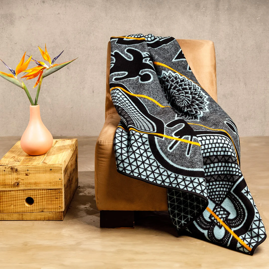 Basotho Blanket – Kharetsa Aloe Black / Lt Aqua / Yolk | Africa Blanket SA Made Blankets / Aranda