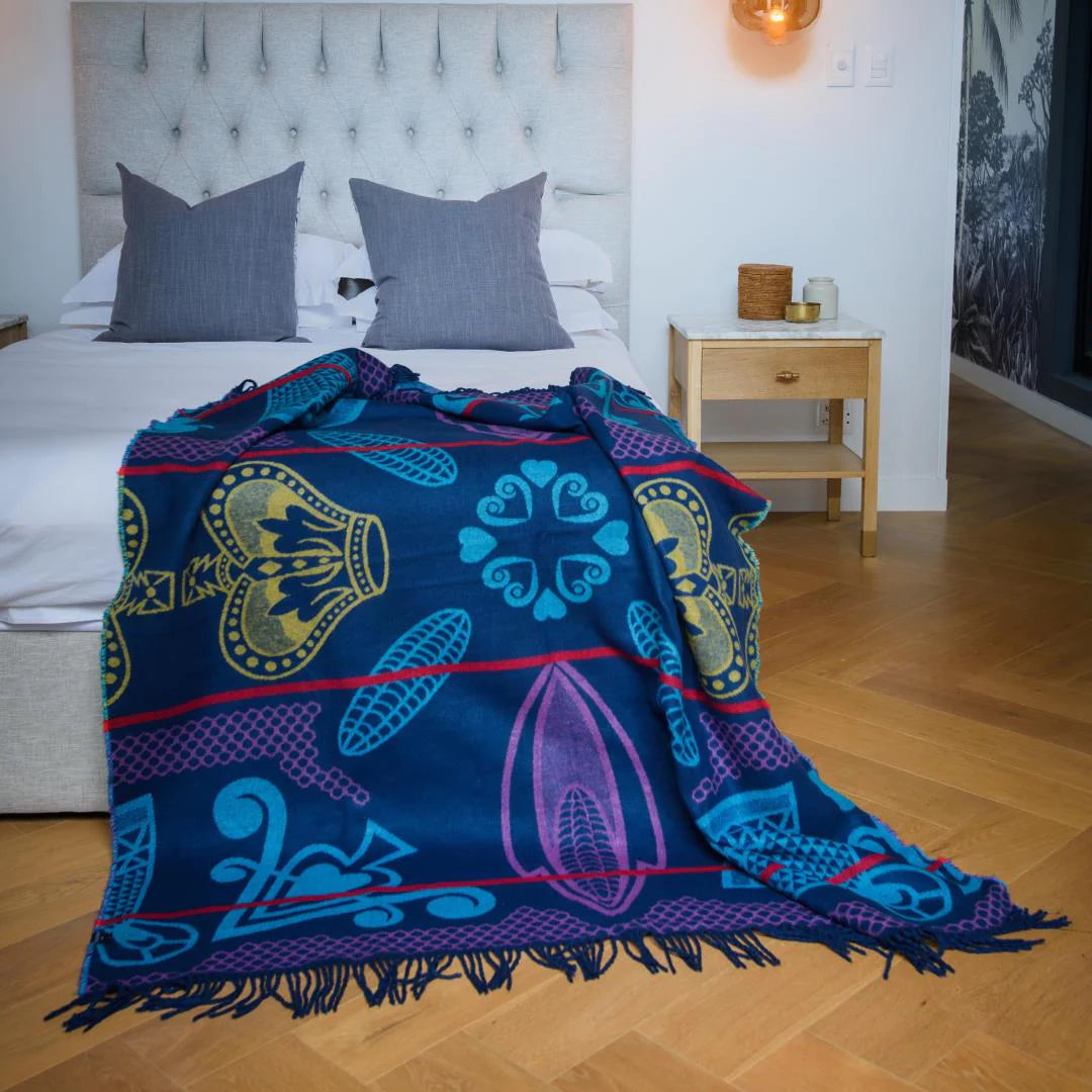 Bella Vita Basotho Throw Blanket – My Africa Collection | Navy/Aquamarine – Triple Jacquard Weave Blankets / Aranda