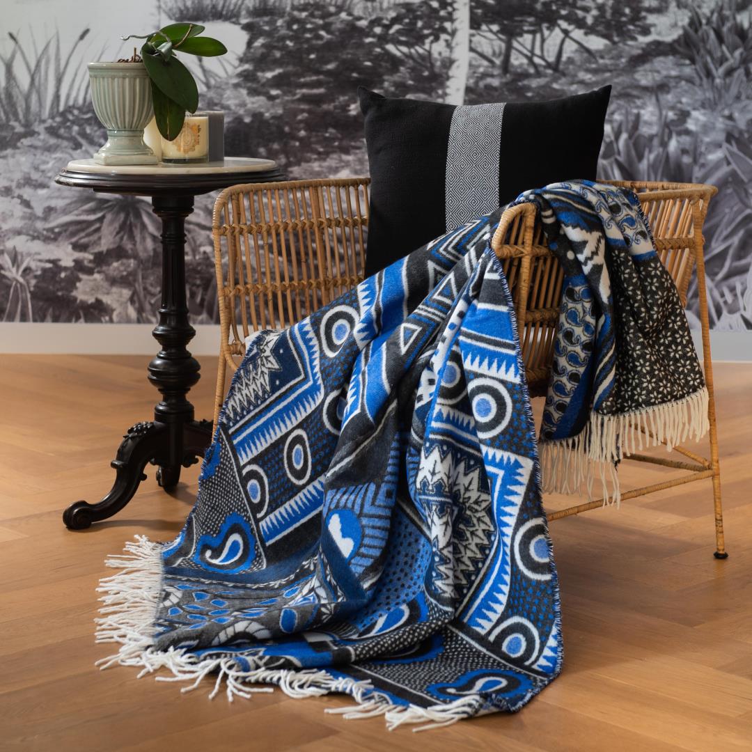 Kanga Throw Blanket – My Africa Collection | Black/Old Royal – East African Elegance Reimagined Blankets / Aranda