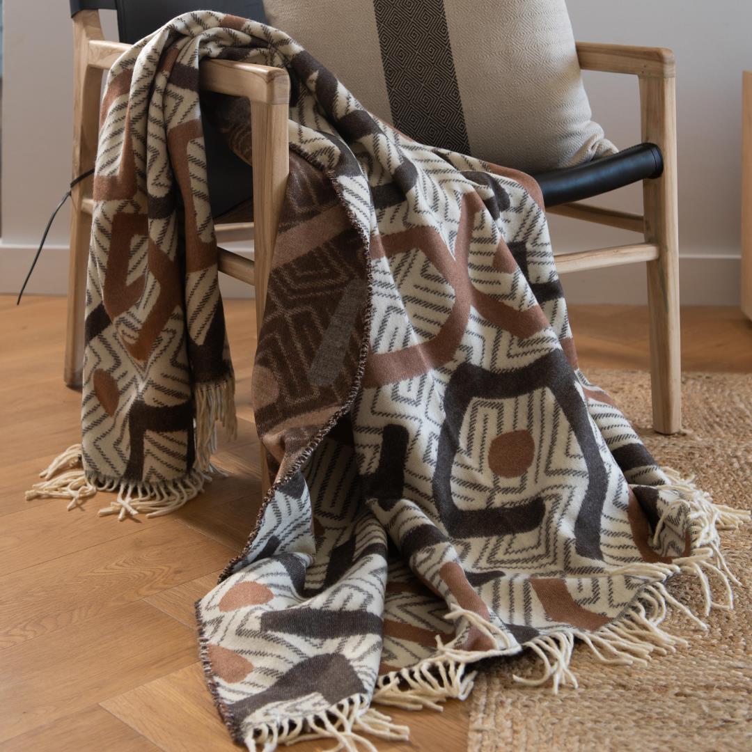 Kuba Modern Throw Blanket – My Africa Collection | Cocoa/Nutmeg – Inspired by Congolese Textile Art Blankets / Aranda
