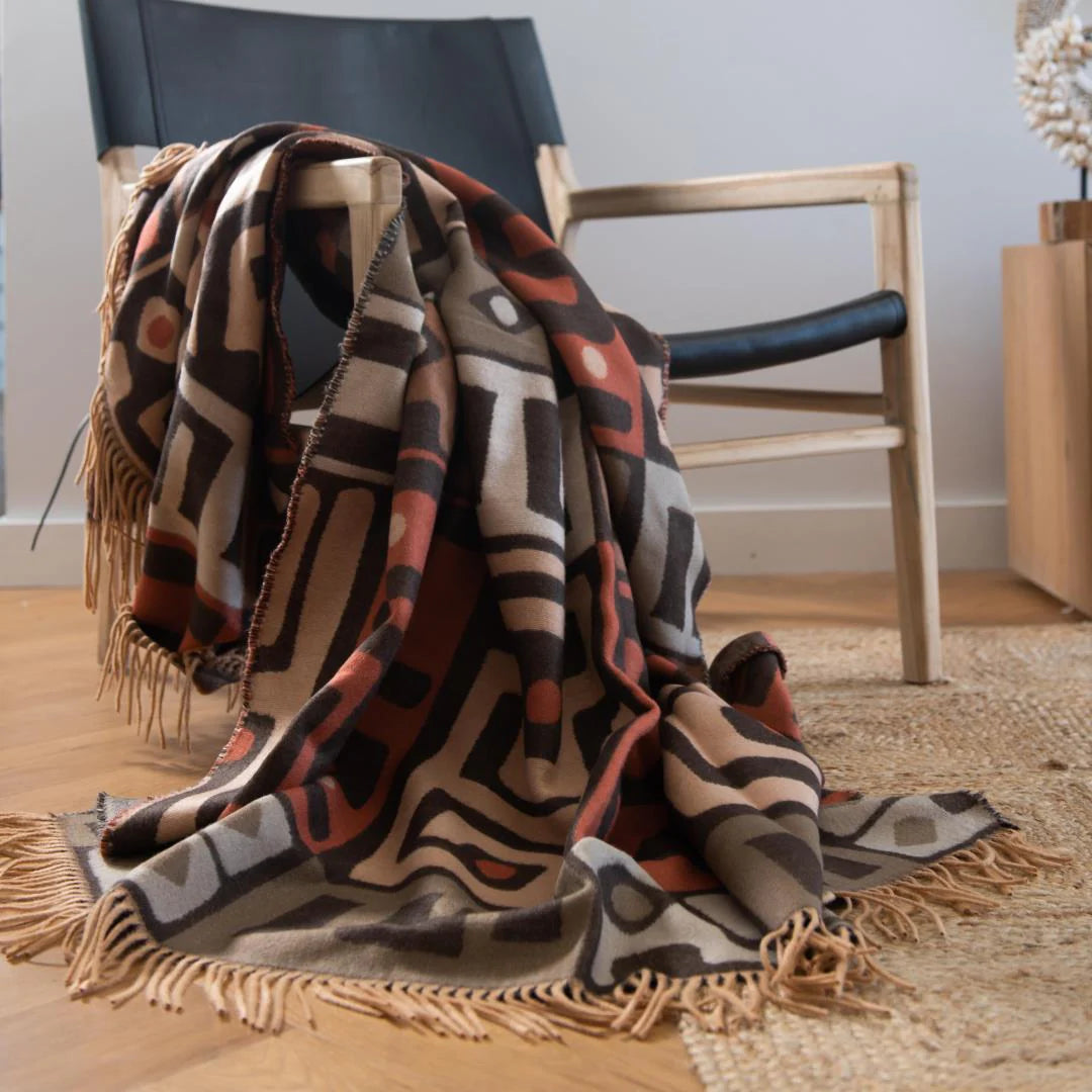 Kuba Multi Throw Blanket – My Africa Collection | Cinnabar/Clay – Tribal Pattern in Earthy Warmth Blankets / Aranda