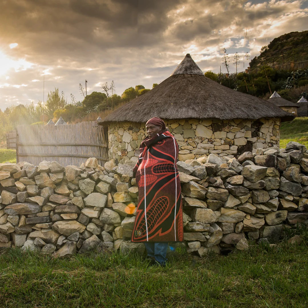 Seanamarena - Poone | Black/Scarlet/Natural Blankets / Basotho Heritage Blankets