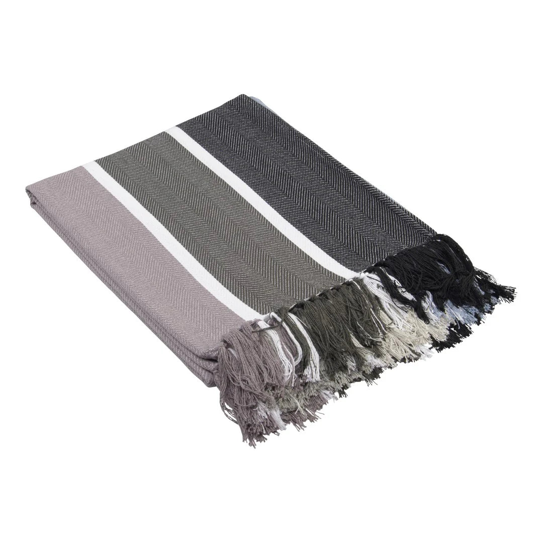 Protea Pinstripe Sunset throw in Black/Steel – bold striped design with hand-knotted fringes.