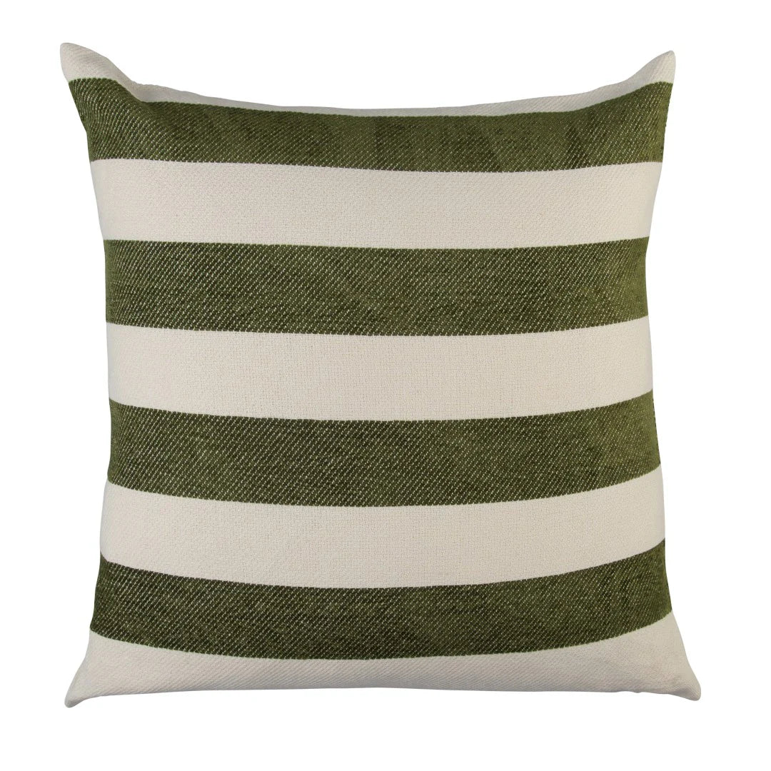 Striped pillow with green and whiteProtea Chenille Scatter Cushion in Hunter and Natural horizontal stripes on a white background