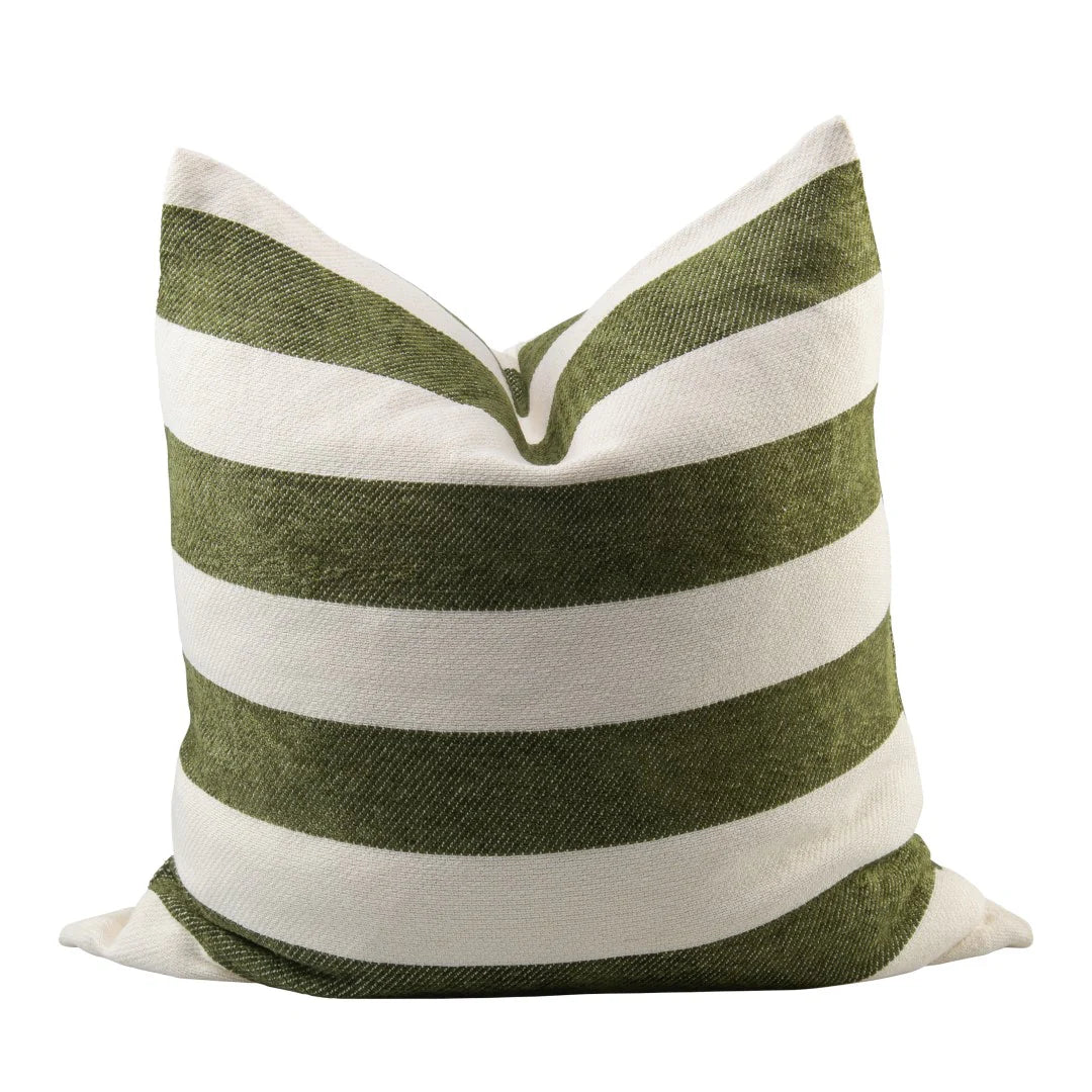 Protea Chenille Scatter Cushion in Hunter and Natural striped pillow on a white background