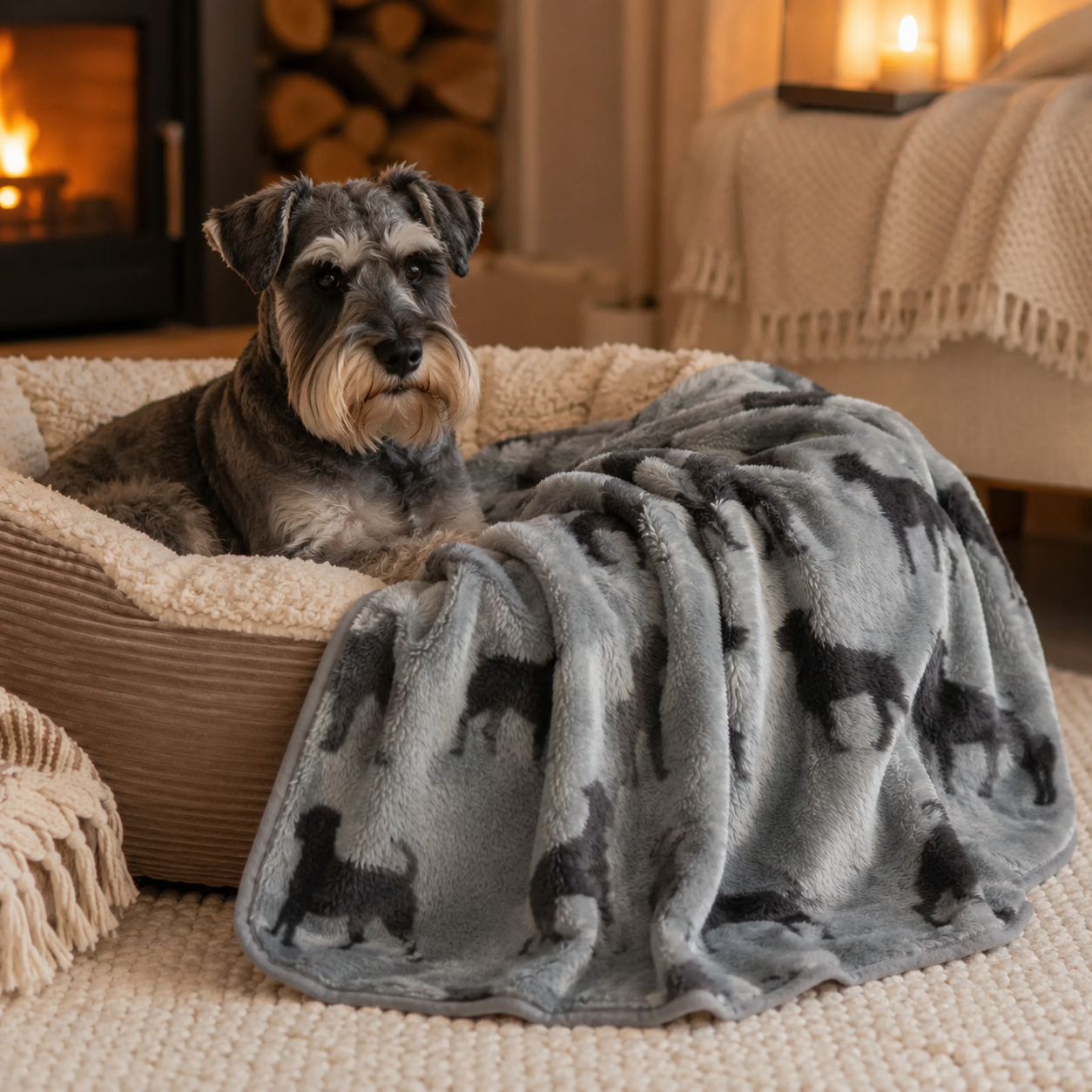 A dog lying in a cosy pet bed with a grey pet blanket featuring dog prints, in a warm room with a fireplace.
