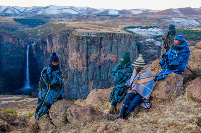 Basotho men wearing aranda basotho blanket in Lesotho’s Maluti Mountains.