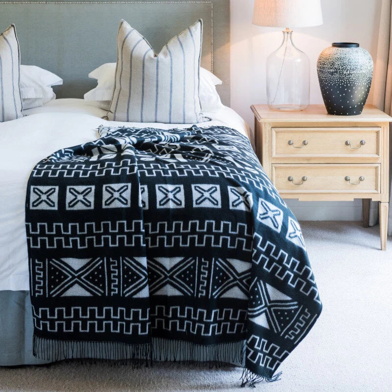 Handmade Malian Mud Cloth Throw Blanket – Traditional Hunter Symbol Design – Reversible Jacquard Weave