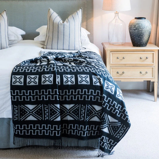 Handmade Malian Mud Cloth Throw Blanket – Traditional Hunter Symbol Design – Reversible Jacquard Weave
