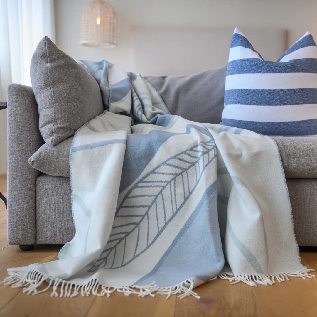 Haven & Earth, Bella Vita Atrium Overcast Sky-Eggshell throw with textured jacquard design 