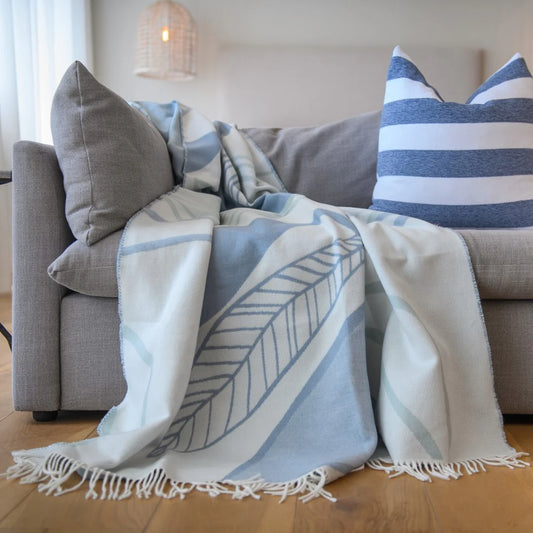 Haven & Earth, Bella Vita Atrium Overcast Sky-Eggshell throw with textured jacquard design 