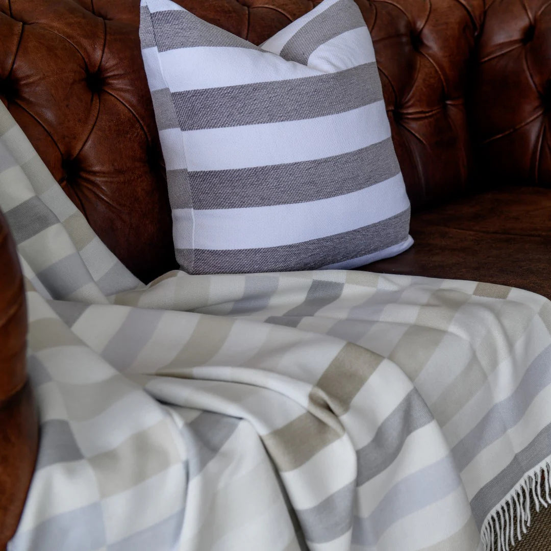 Close-up of Wild Dove and Oyster Grey Bella Vita Sequence throw pattern”