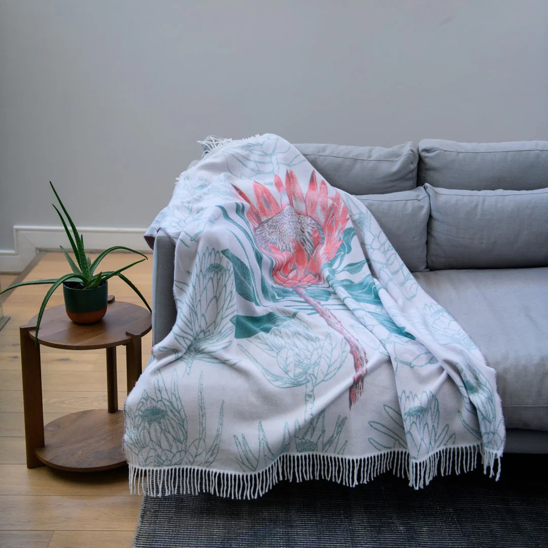 King Protea Throw Blanket – Coral & Spruce African Flower Design – 100% Ultra-Soft Reversible – My Africa Collection