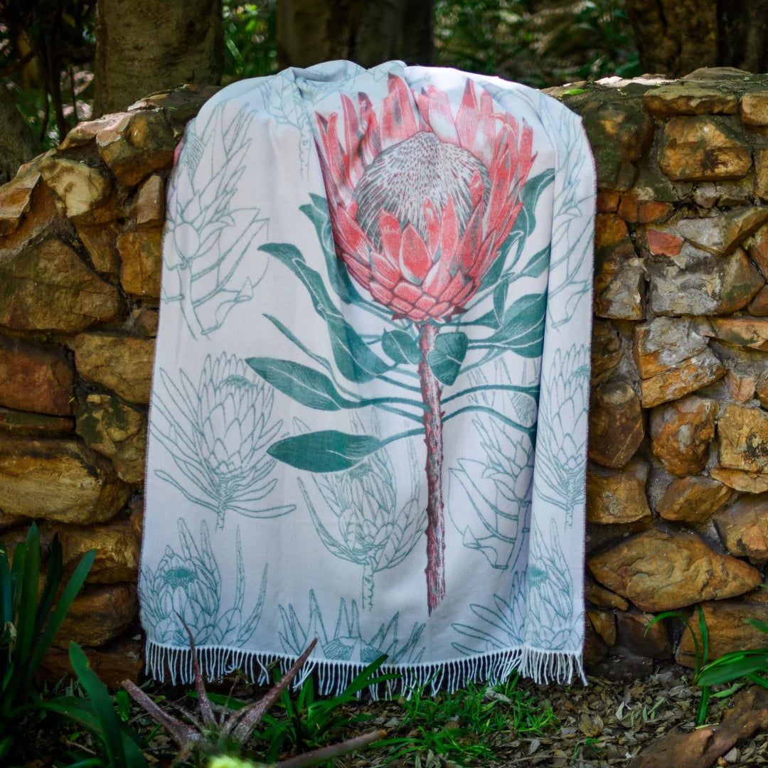 King Protea Throw Blanket – Coral & Spruce African Flower Design – 100% Ultra-Soft Reversible – My Africa Collection
