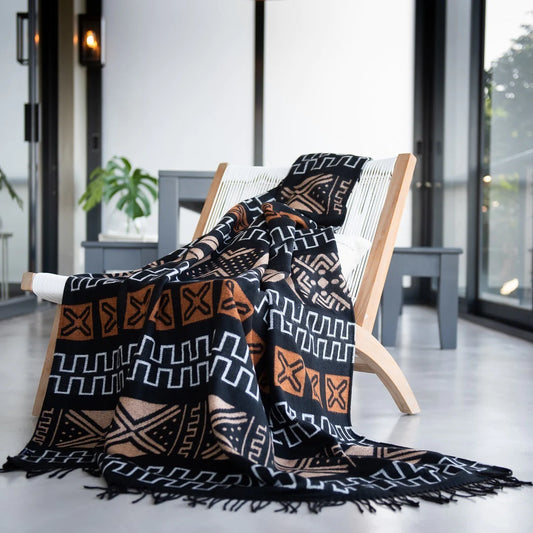 Handmade Malian Mud Cloth Throw Blanket – Traditional Hunter Symbol Design – Reversible Jacquard Weave