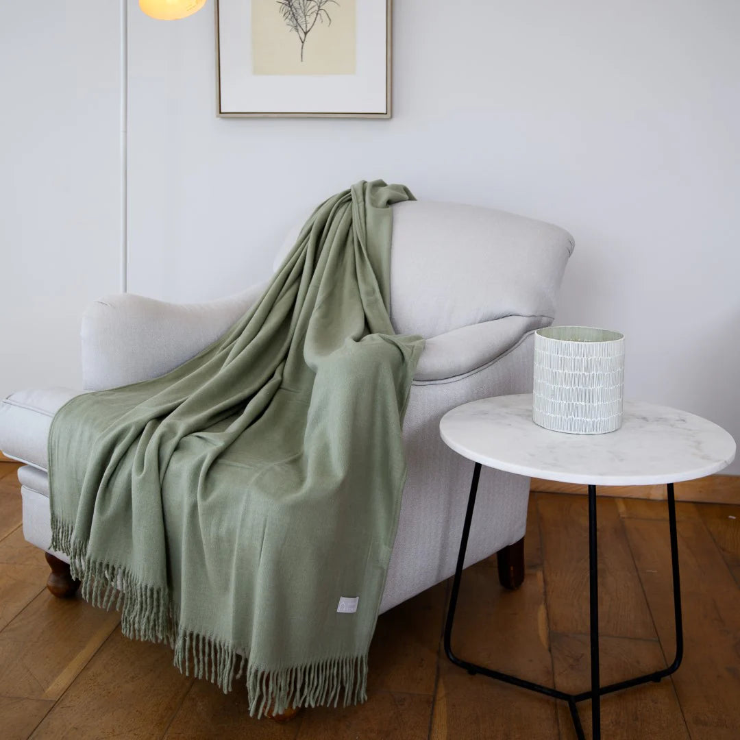 “Melody Plain Throw in Olive – ultra-soft acrylic blanket”