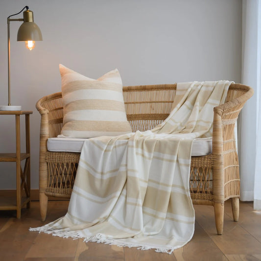 Haven & Earth Melody Runway throw in Bone/Natural – bold striped, lightweight acrylic, 150 × 200 cm.