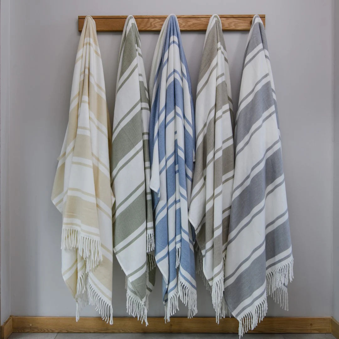 Haven & Earth Melody Runway throw in Bone/Natural – bold striped, lightweight acrylic, 150 × 200 cm.