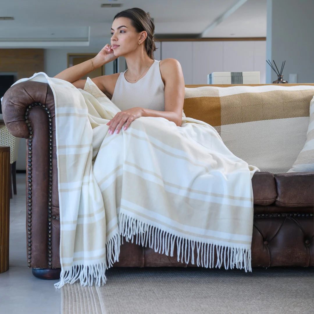 Haven & Earth Melody Runway throw in Bone/Natural – bold striped, lightweight acrylic, 150 × 200 cm.
