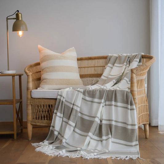 Haven & Earth Melody Runway throw in Cobblestone/Natural – bold striped, lightweight acrylic, 150 × 200 cm.