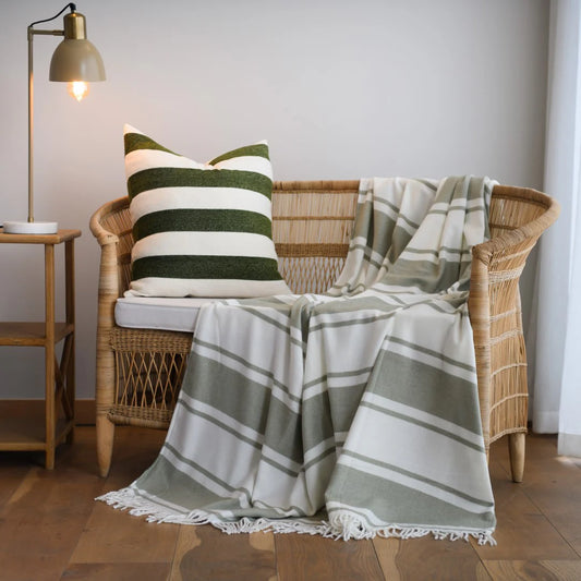 Haven & Earth Melody Runway throw in Olive/Natural – bold striped, lightweight acrylic, 150 × 200 cm.