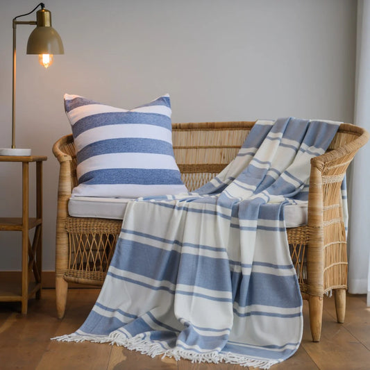 Haven & Earth Melody Runway throw in Overcast Sky/Natural – bold striped, lightweight acrylic, 150 × 200 cm.