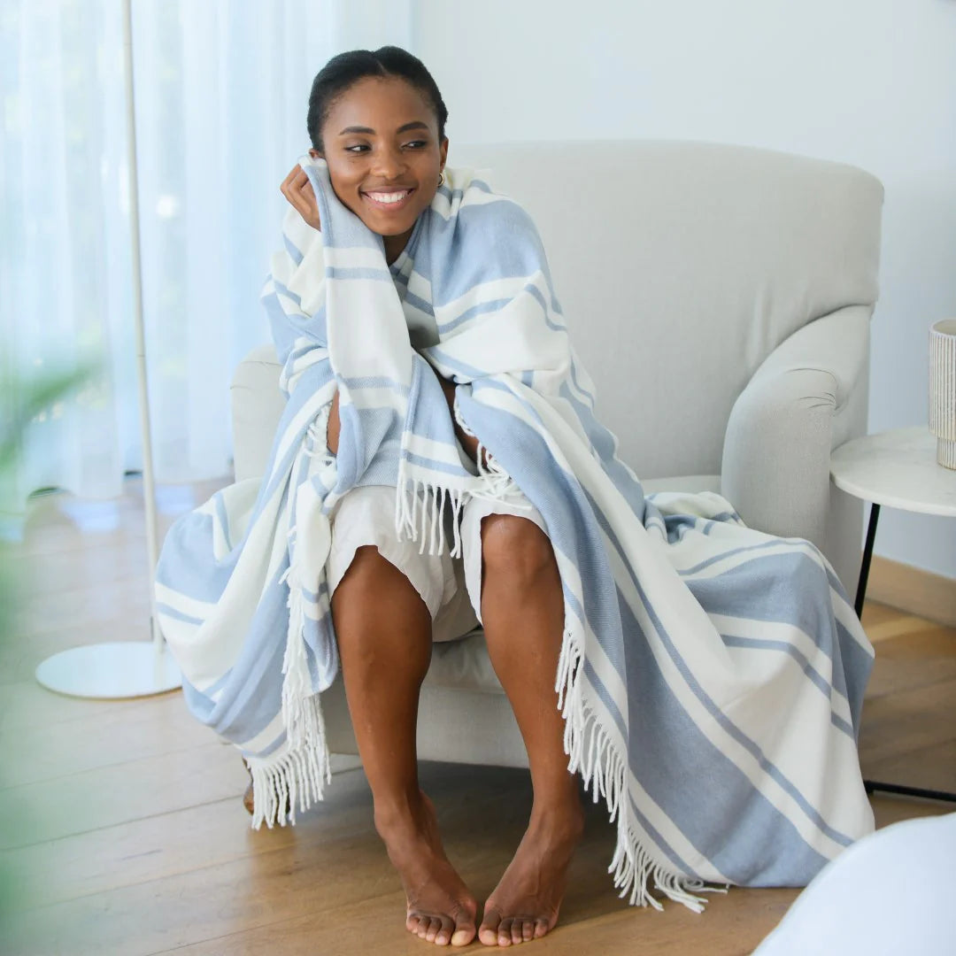 Haven & Earth Melody Runway throw in Overcast Sky/Natural – bold striped, lightweight acrylic, 150 × 200 cm.