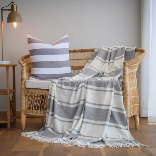 Haven & Earth Melody Runway throw in Wild Dove/Natural – bold striped, lightweight acrylic, 150 × 200 cm