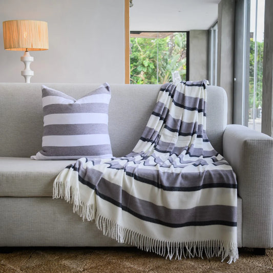 Haven & Earth Melody Underline throw in Black/Iron – bold striped, lightweight acrylic, 150 × 200 cm.