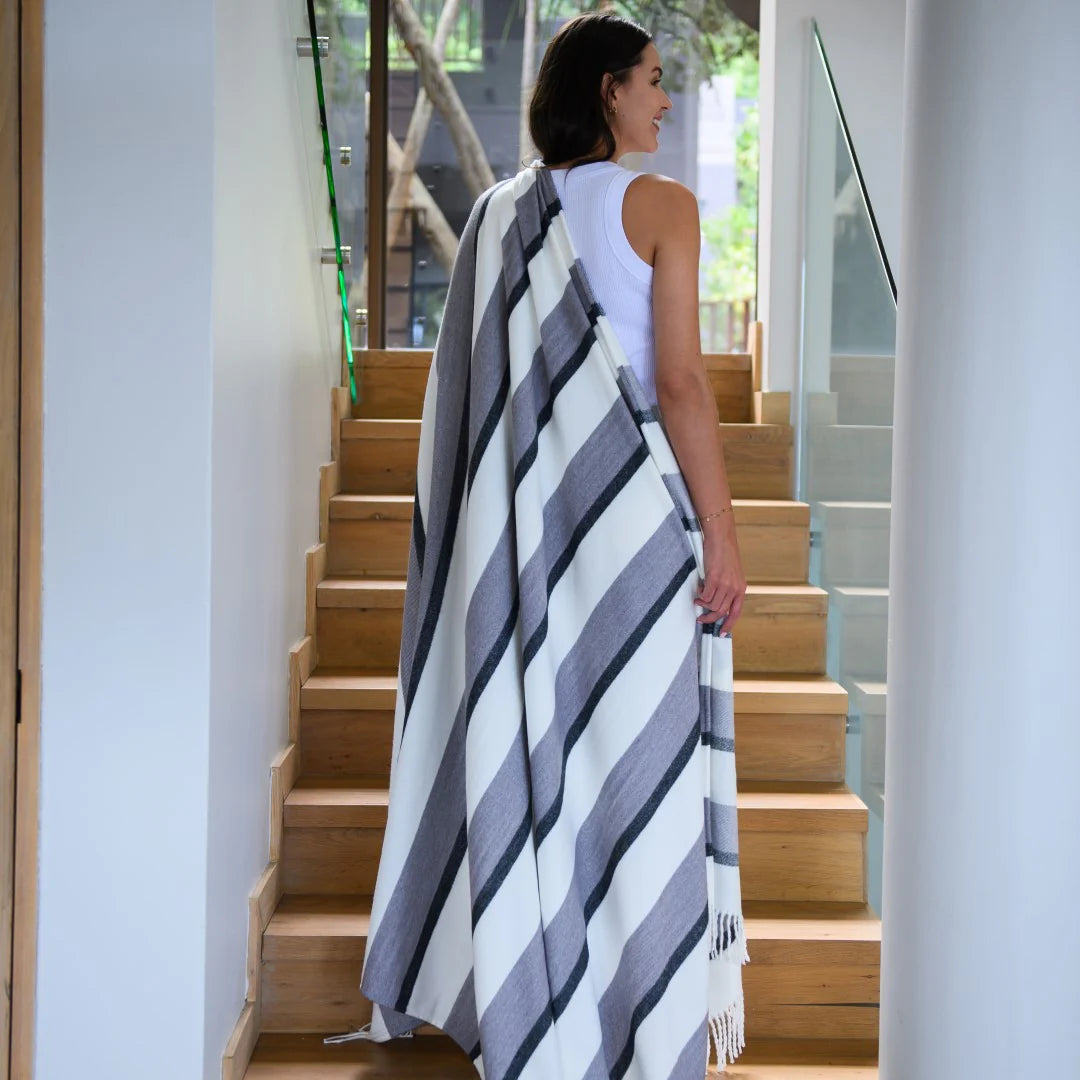 Haven & Earth Melody Underline throw in Black/Iron – bold striped, lightweight acrylic, 150 × 200 cm.