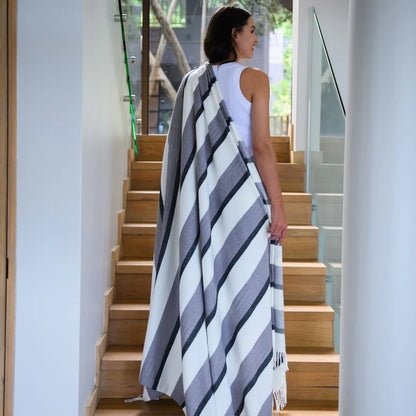 Haven & Earth Melody Underline throw in Black/Iron – bold striped, lightweight acrylic, 150 × 200 cm.