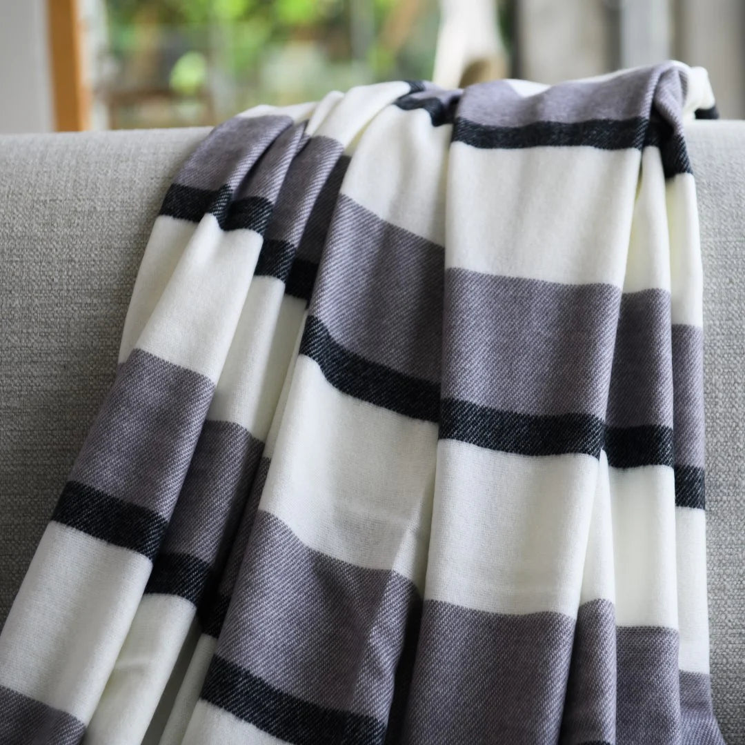 Haven & Earth Melody Underline throw in Black/Iron – bold striped, lightweight acrylic, 150 × 200 cm.