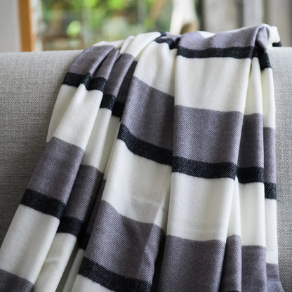 Haven & Earth Melody Underline throw in Black/Iron – bold striped, lightweight acrylic, 150 × 200 cm.
