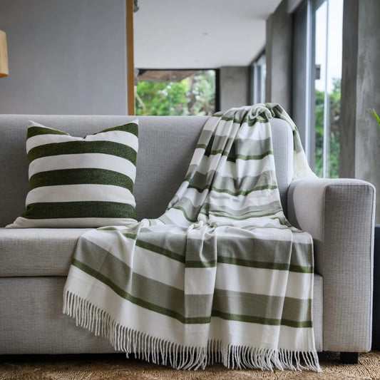 Haven & Earth Melody Underline throw in Hunter/Olive – bold striped, lightweight acrylic, 150 × 200 cm