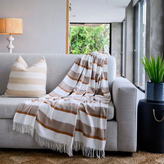 Haven & Earth Melody Underline throw in Leather/Dark Beige – bold striped, lightweight acrylic, 150 × 200 cm.