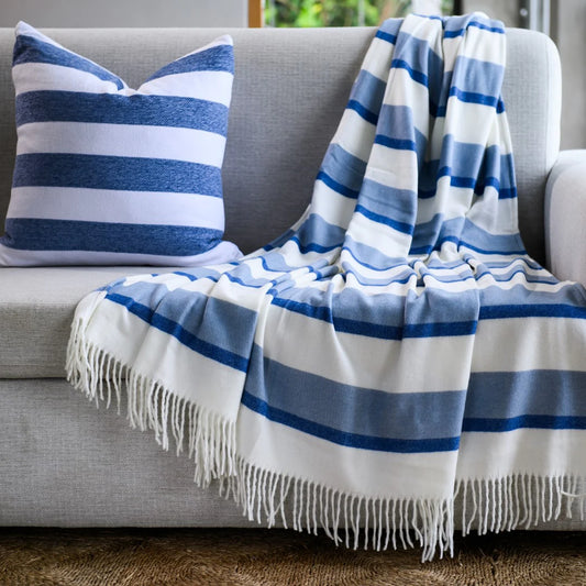 Haven & Earth Melody Underline throw in Midnight/Overcast Sky – bold striped, lightweight acrylic, 150 × 200 cm