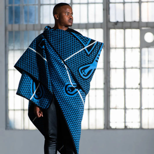 Mokorotlo Black-Peacock-Scarlet Wool Blanket – Basotho Hat Design – Lesotho Cultural Heritage Throw
