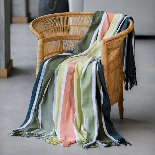 Protea Pinstripe Sunset throw in Bottle/Hunter – earthy striped design with hand-knotted fringes.