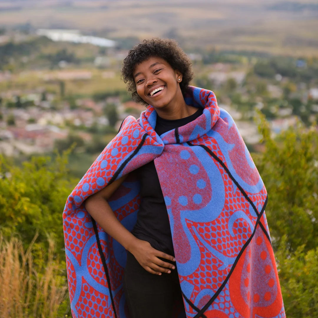 Basotho Blanket Seanamarena Chromatic Scarlet Cobalt Black Basotho Blanket Seanamarena Chromatic Scarlet Cobalt Black