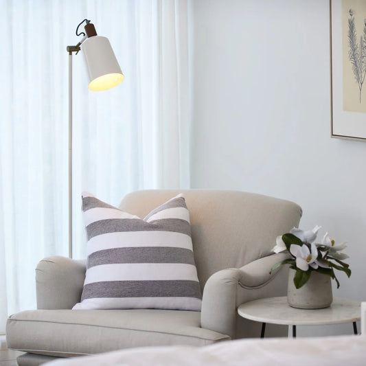 Protea Chenille Scatter Cushion in Wild Dove and White, 55x55 cm, soft chenille texture, styled in a contemporary living space
