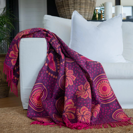 Shweshwe Throw Blanket – My Africa Collection | Grape/Cerise – Bold South African Textile Art Blankets / Aranda
