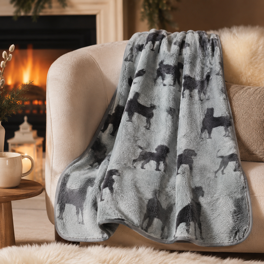 Gray pet blanket with dog pattern draped over a beige armchair in a cozy living room.
