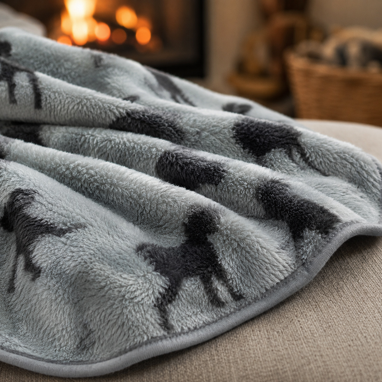 Grey pet blanket with black dog patterns on a couch in a cosy room.