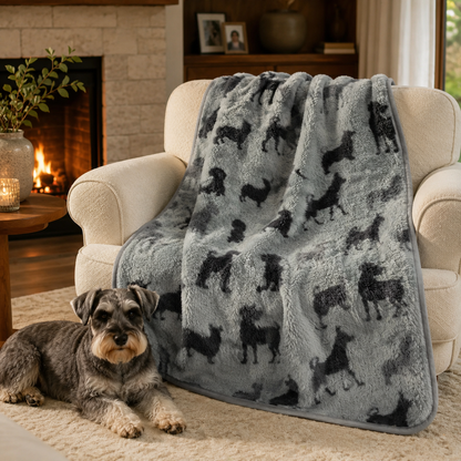 Dog lying on the floor next to a chair with a grey pet blanket featuring black dog silhouettes.