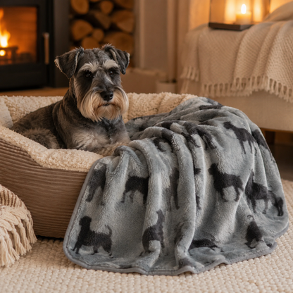 A dog lying in a cosy pet bed with a grey pet blanket featuring dog prints, in a warm room with a fireplace.